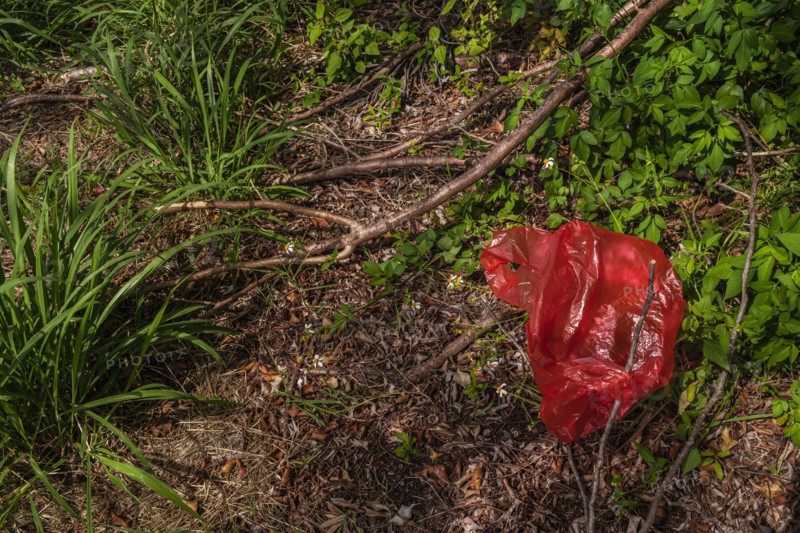 Red plastic bag on grass
