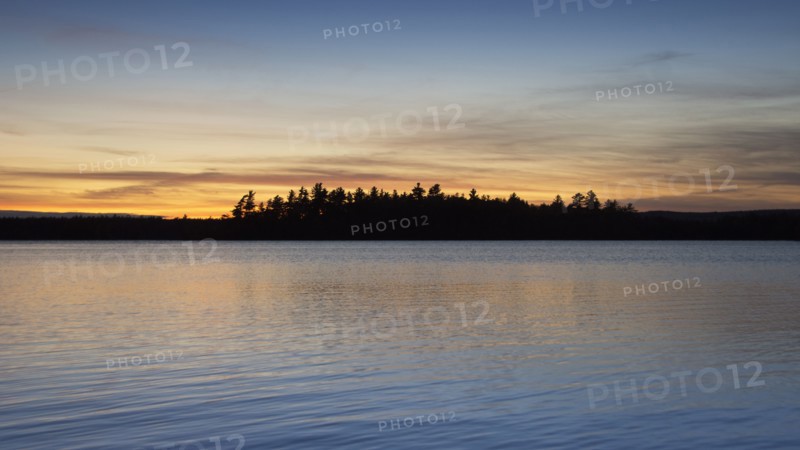 Silhouette of trees and lake at sunset
