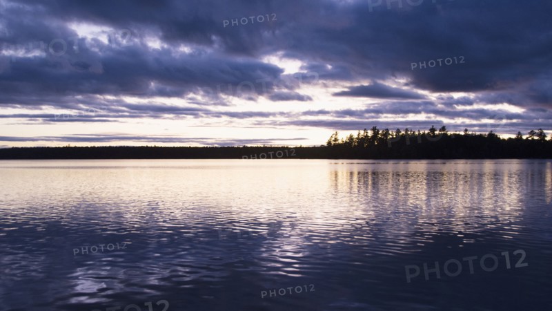 Silhouette of trees and lake at sunset