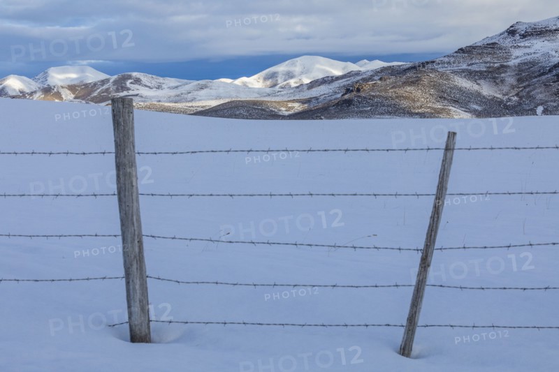 Barbed wire fence in snow with mountains in distance