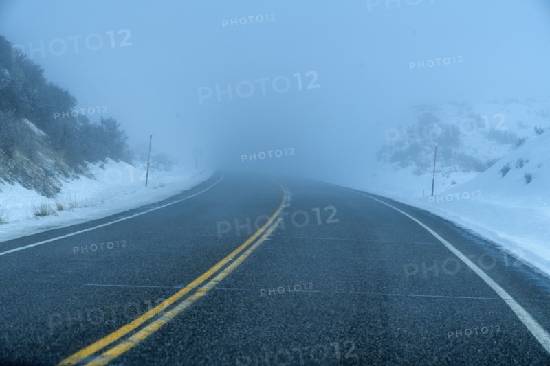 Road by snow in fog