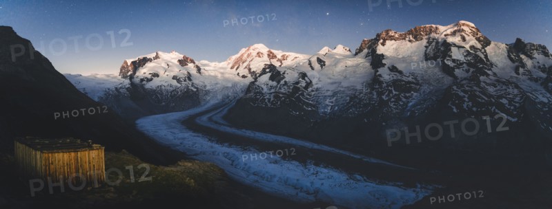 Shed by Gorner Glacier at sunset in Valais, Switzerland