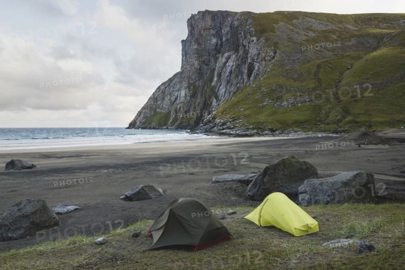 Tents on Kvalvika beach in Lofoten Islands, Norway