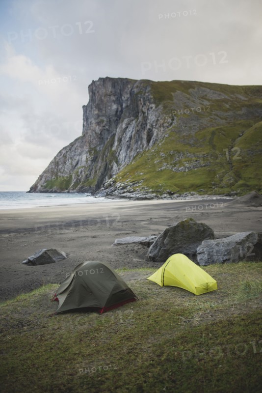 Tents on Kvalvika beach in Lofoten Islands, Norway