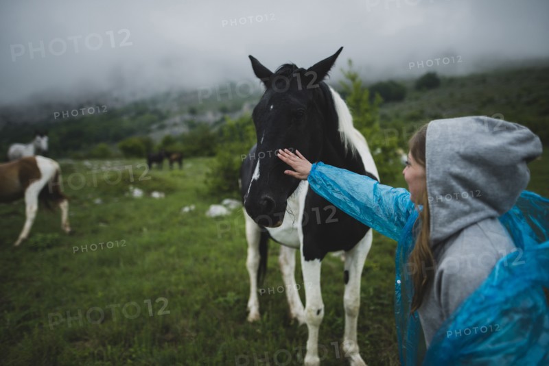 Woman petting Icelandic horse
