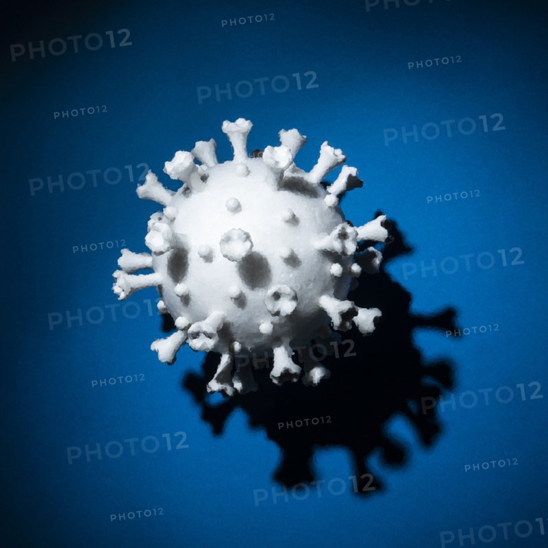 Model of white Coronavirus against blue background