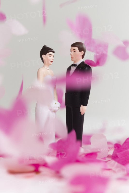 Bride and Groom cake toppers among confetti falling