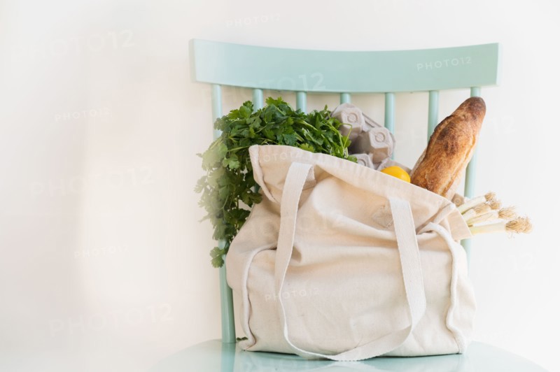 Groceries in reusable shopping bag