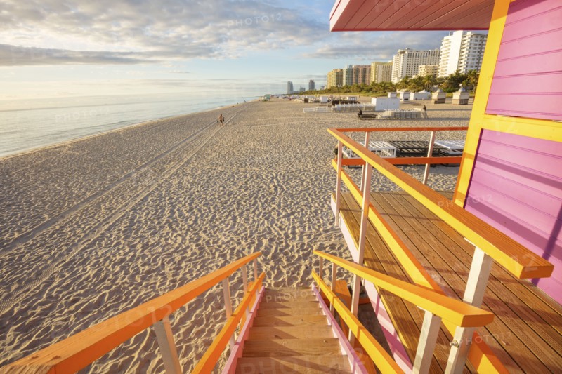 USA, Florida, Miami, Lifeguard hut on beach at dusk