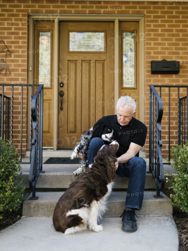 English springer spaniels and owner in front of house