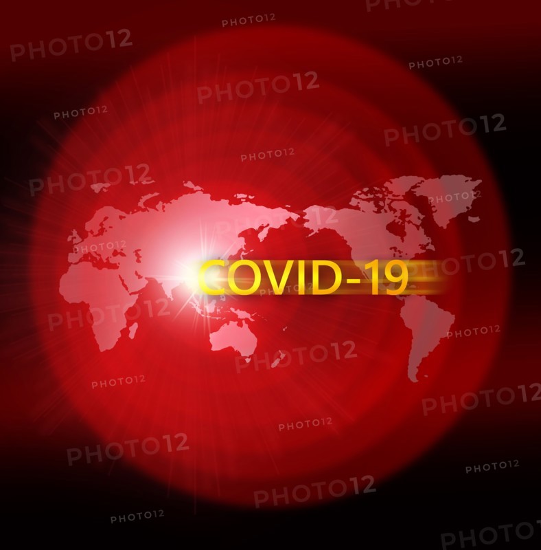 Red world map with Covid-19 sign