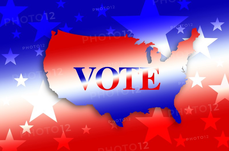 Digitally generated image of shape of USA map and vote sign