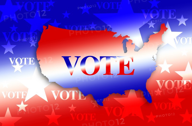 Digitally generated image of shape of USA map and vote signs