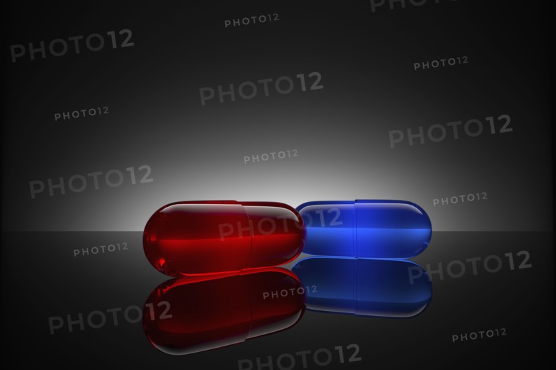 Studio shot of red and blue pills
