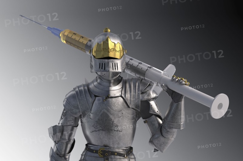 Knight figurine with vaccination against coronavirus
