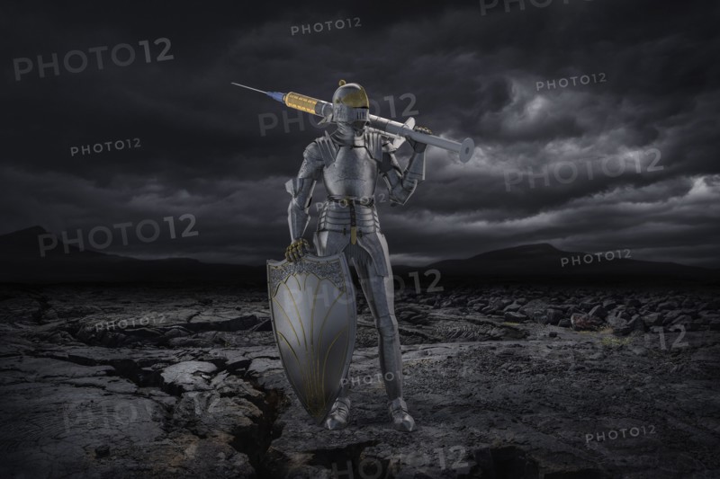 Knight figurine with vaccination against coronavirus
