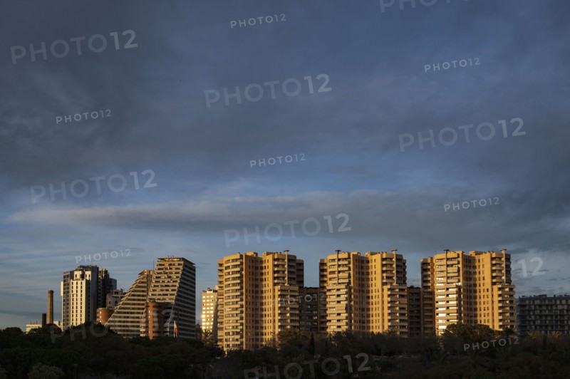 Spain, Valencia, Apartment buildings under cloudy sky