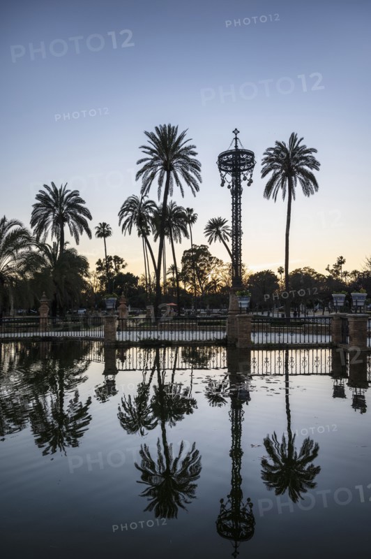 Spain, Seville, Palm trees reflecting in water at Plaza de America