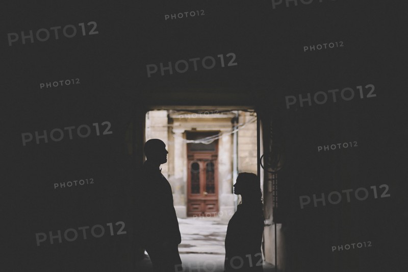 Silhouettes of newlywed standing in gate