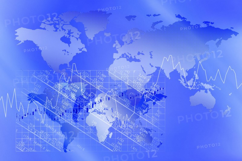 Blue world map with line graph