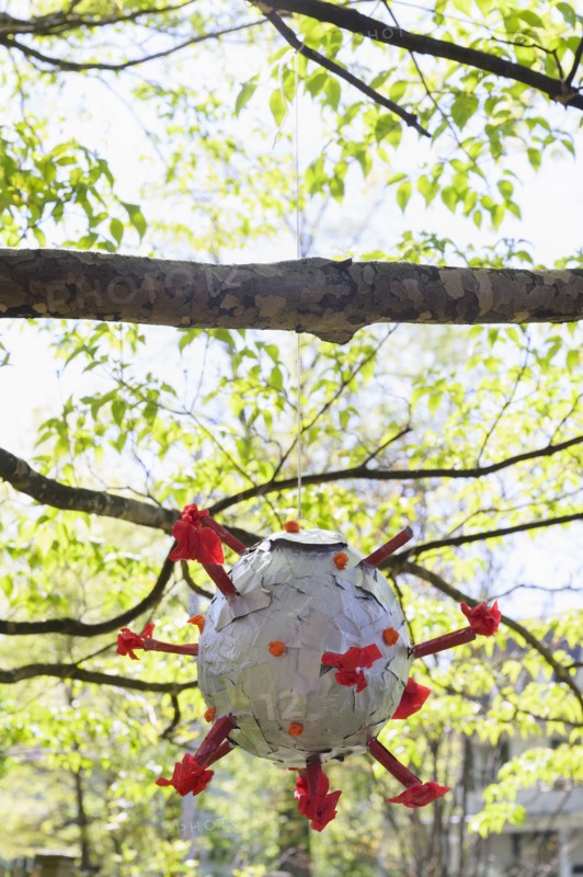 Coronavirus shaped pinata hanging from tree