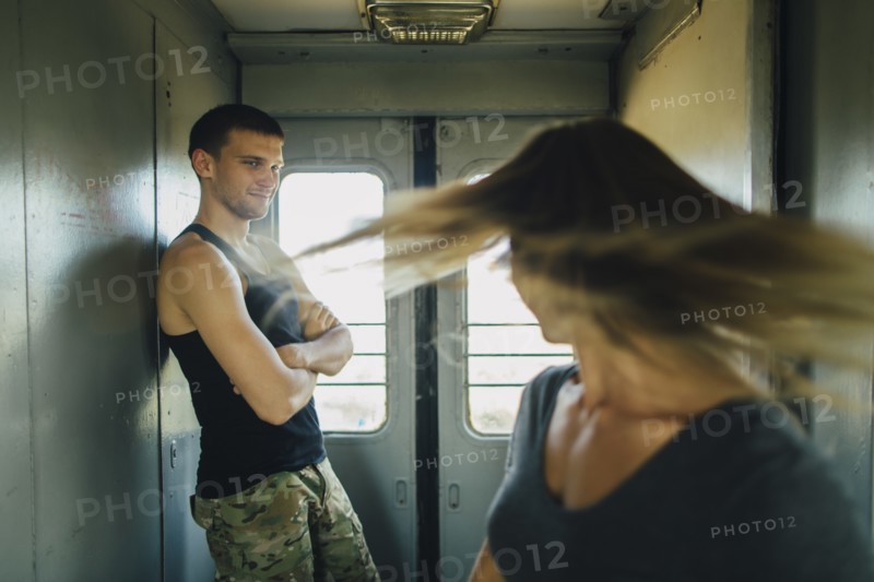 Romantic couple on train