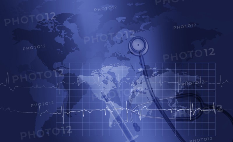World map with stethoscope, needle and ecg graph,