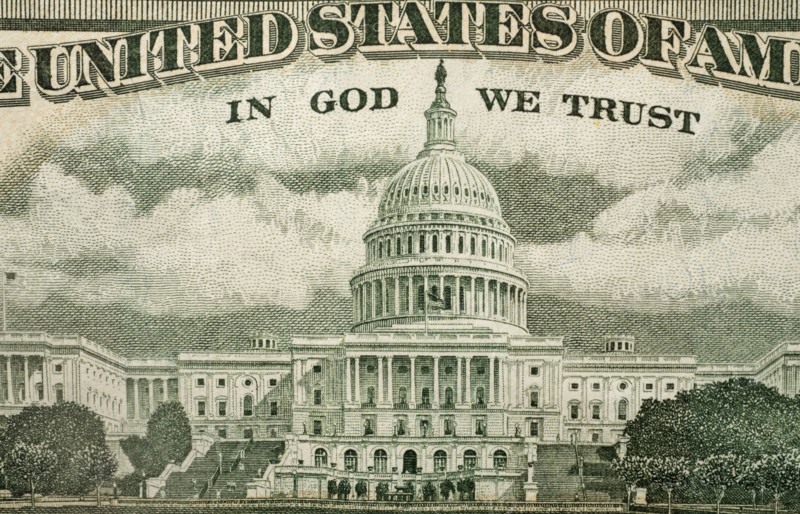 Close up of US paper bill with capitol building