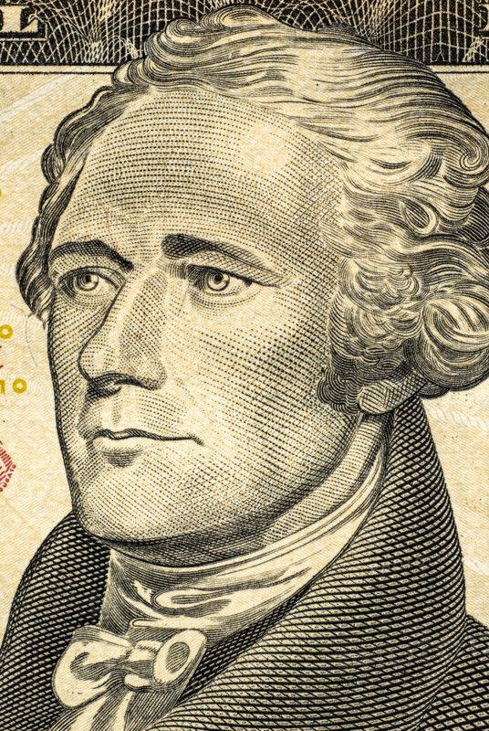 Close-up of US ten dollar bill,,