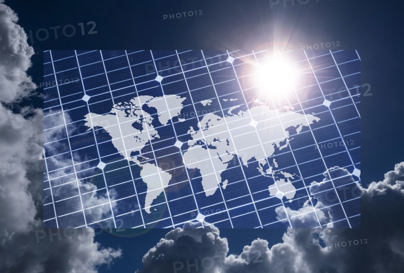 World map on solar panel,,