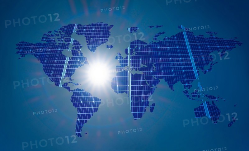 World map with solar panel grid against sun,,