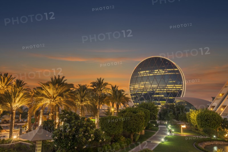 United Arab Emirates, Abu Dhabi, Aldar Properties headquarters at sunset