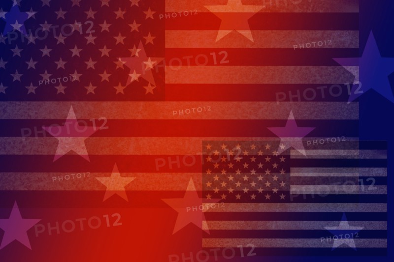 American flag and stars on red background