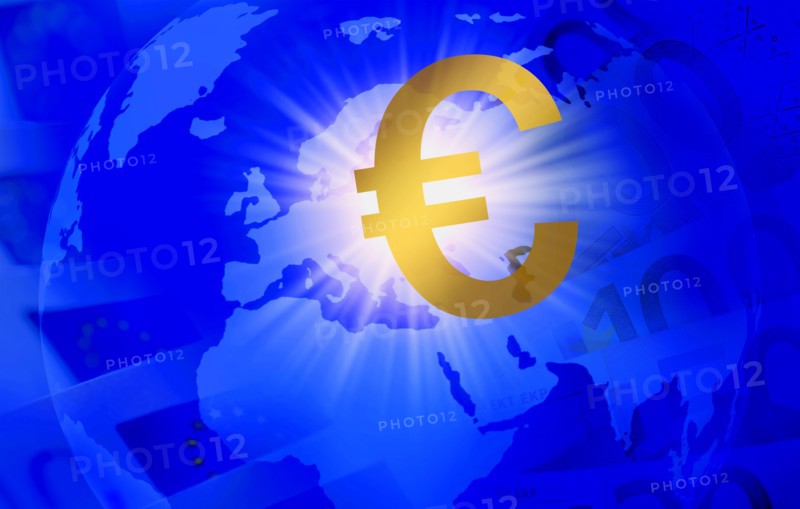 Euro symbol over globe showing Europe