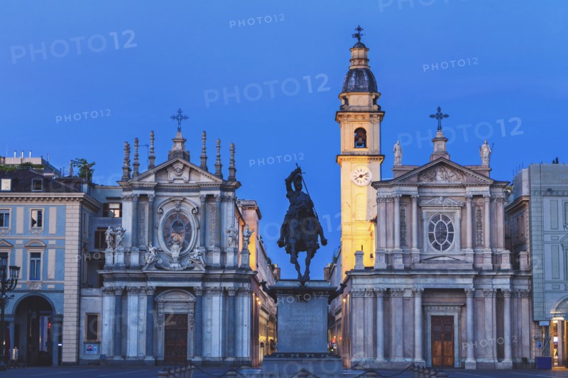 Italy, Piedmont, Turin, Equestrian statue in front of church