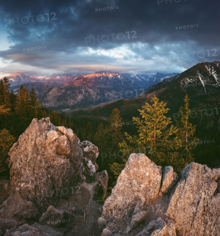 Poland, Lesser Poland, Tatra Mountains National Park, Landscape with Tatra Mountains in Tatra National Park seen from Gesia Szyja peak