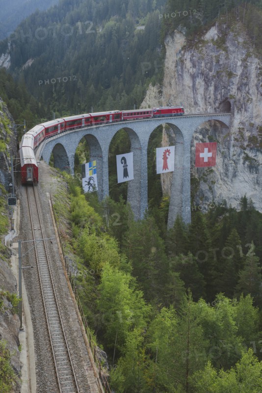 Switzerland, Schmitten and Filisur Landwasser Viaduct, Train on bridge in mountains