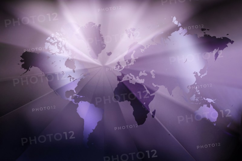 Purple world map with light beams