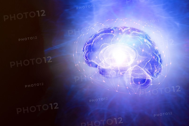 Illustration of human brain and bright light