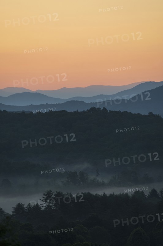 USA, Georgia, Blue Ridge Mountains and forest covered with fog at sunrise