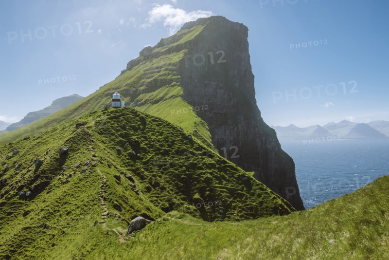 Denmark, Faroe Islands, Klaksvik, Trollanes, Kallur Lighthouse on sunny day