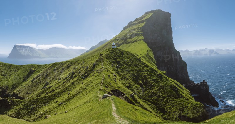 Denmark, Faroe Islands, Klaksvik, Trollanes, Kallur Lighthouse on sunny day