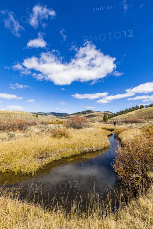 Senior woman walking by stream among grass in non urban landscape