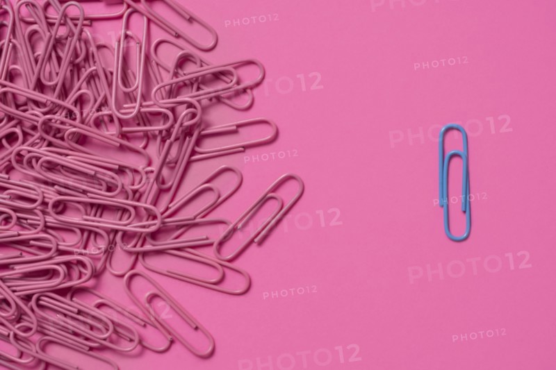 One blue paper clip and pile of pink paper clips