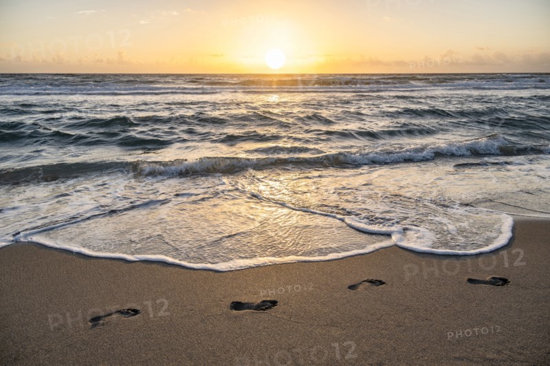 Footprints on beach at sunset