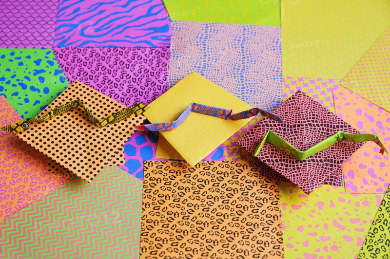 Origami snakes on colorful origami papers