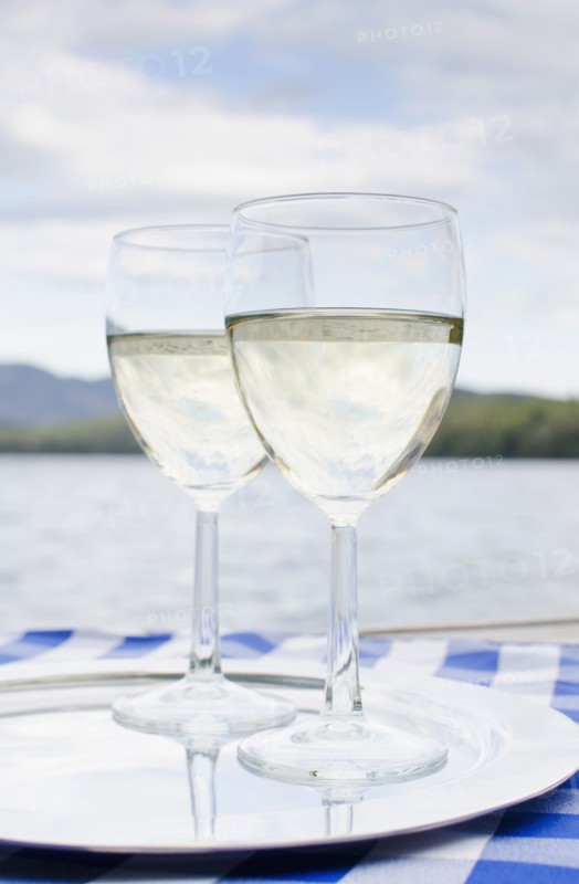 Two glasses of white wine on tray by Lake Placid