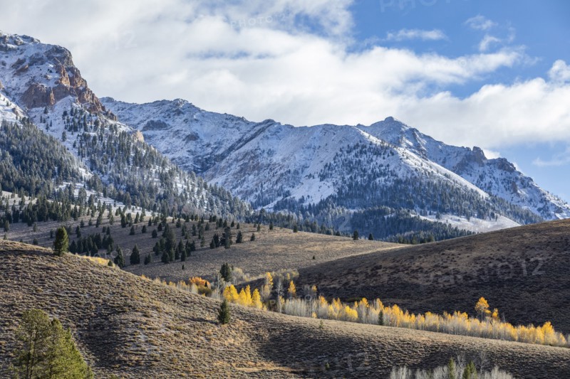 Landscape with snowcapped Rocky Mountains and autumn forests in valleys