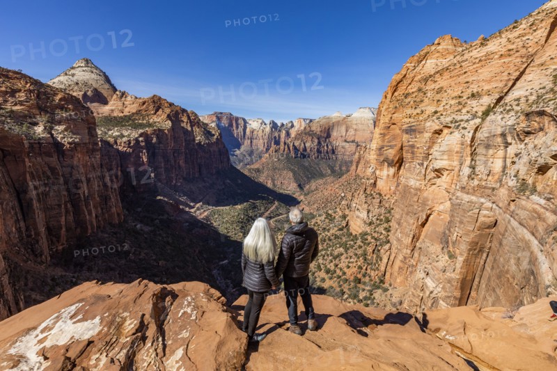 Senior couple looking over Zion Canyon in Zion National Park