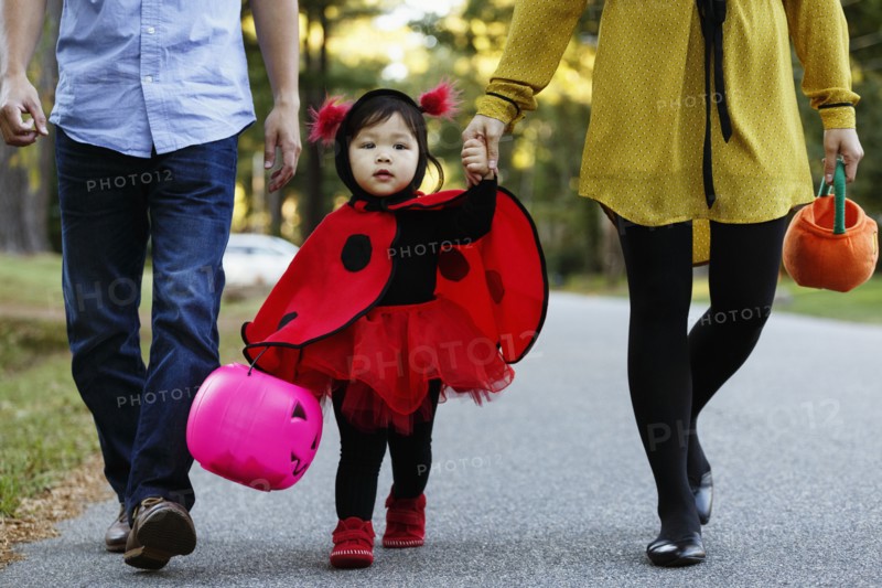 Girl dressed as ladybird with trick or treat bucket